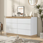 Commode avec 6 tiroirs, style classique, en panneaux de particules e1, blanc et ch�ne