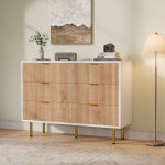 Commode � 6 tiroirs, style contemporain, design stri� bois et blanc, poign�es et pieds en m�tal dor�, ...