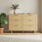 Commode 6 tiroirs style naturel, large meuble de rangement 115cm, fa�ade effet rotin tress�, bois massif, ...