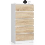Akord - commode k60 blanche 60 cm 5 tiroirs faade chne sonoma 60x40x121 cm
