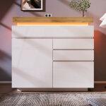 Commode, buffet laqu� brillant � 2 portes et 3 tiroirs, �clairage led (contr�lable via application), ...