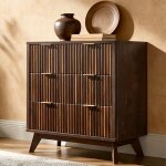 Commode chambre 3 tiroirs style flut� 32  haute, commode bois avec plateau faux marbre & profil courb�, ...