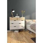 Dmora - commode  cinq tiroirs, blanc et chne, mesures 98 x 100 x 39 cm