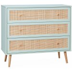 Commode en d�cor bois vert c�ladon et cannage 90x39x79cm - boh�me - 3 tiroirs