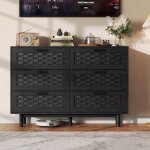 Commode noire 6 tiroirs, commode chambre en rotin design scandinave - bois massif & grand rangement
