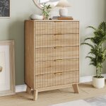 Commode scandinave � 5 tiroirs en bois 73x40x108 cm, chiffonnier rustique avec poign�es en m�tal, meuble ...