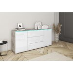 Bratex - commode vera 150 cm, commode, bahut, clairage led inclus, couleur bton / blanc brillant