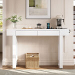 Console d?entr�e 120 cm, 2 tiroirs, prises usb / type - c, style scandinave, blanc