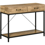 Console table d'appoint design industriel dim. 100l x 35l x 76h cm 2 tiroirs poign�es laiton vieilli ...