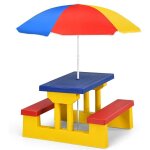 Costway ensemble salon de jardin pour enfant table et 2 bancs avec parasol en bois meuble ext�rieur jusqu'� ...