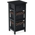 Table de chevet, table de nuit en bois de paulownia avec 1 tiroir et 2 panier d'osier noir - costway