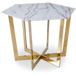 Cotecosy - table hexagonale 120cm zadig verre effet marbre blanc et pied métal or Cotecosy - table hexagonale 120cm zadig verre effet marbre blanc et pied métal or