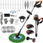 Coupe bordures sans fil powtools debroussailleuse electrique 21v avec 2 batteries 5 types de lames roues ...