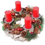 Couronne de l'avent hhg 492, d�coration, arrangement de noel, bois, rond � 33cm, avec 4 bougies rouges ...