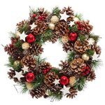 Couronne de nol artificielle 35 cm avec houx, pommes de pin et toiles ? dcoration ferique de porte ...
