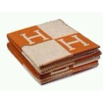 Couverture chaude en fausse laine cachemire � carreaux, couleur orange shaw, id�ale pour le canap�.