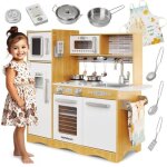 Cuisine enfant bois led mamabrum 93x30x83 cm - avec frigo, micro - ondes, plaque, ustensiles, tablier ...