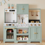 Cuisine enfant en bois vert avec �vier plaques micro - ondes rangements casserole et po�le 30x90x98 cm ...
