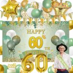Decoration anniversaire 60 ans femme homme, vert or 60 ans anniversaire de f�te, banni�re joyeux anniversaire ...