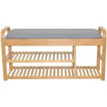 D�coshop26 - banc banquette en bambou avec deux �tag�res couleur naturelle avec assise matelass�e grise ...