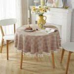 Deesse shop - nappe ronde en coton et lin nappe � franges anti - taches prot�ge - table lavable 140x140cm ...