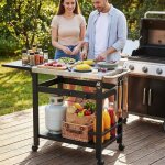 Desserte barbecue ext�rieur avec table d'appoint pliable, chariot plancha 2 niveaux avec dessus de table ...