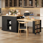 Desserte de cuisine, en mdf, noire, avec table � manger extensible, 7 roulettes, �tag�re de rangement, ...