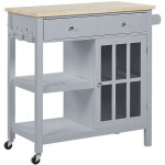Desserte de cuisine à roulettes grise avec plateau en bois 2 tiroirs et compartiment à porte pour salle ... Desserte de cuisine à roulettes grise avec plateau en bois 2 tiroirs et compartiment à porte pour salle ...