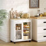 Desserte de cuisine � roulettes, �lot central cuisine avec plateau en bambou, porte vitr�e, 67 x 35 x ...