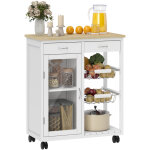 Desserte de cuisine � roulettes, �lot central cuisine avec plateau en bambou, porte vitr�e, 67 x 35 x ...