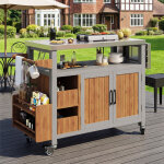 Desserte de jardin mobile 100 - 138x47x92 cm, tablette lat�rale extensible, plan inox, 3 crochets, bois ...