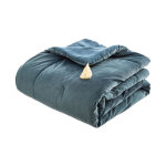 Atmosphera ? dessus de lit velours 80x180cm bleu ? design matelass� avec pompons ? polyester facile � ...