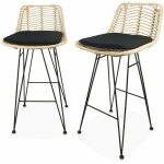Deux tabourets de bar en rotin naturel et mtal. coussins noirs - cahya