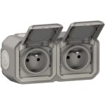 Double prise de courant horizontale avec volet plexo complet saillie - gris - legrand