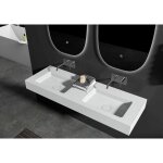 Double vasque murale suspendue design en fonte minérale pour salle de bain avec bonde et trop plein - ... Double vasque murale suspendue design en fonte minérale pour salle de bain avec bonde et trop plein - ...