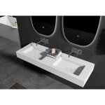 Double vasque murale suspendue design en fonte minérale pour salle de bain avec bonde et trop plein - ... Double vasque murale suspendue design en fonte minérale pour salle de bain avec bonde et trop plein - ...