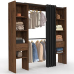 Dressing extensible double meryl 120 / 180 x 50 x 180 cm noyer avec �tag�res + double penderie + rideau ...