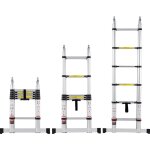 Echelle telescopique aluminium, 3, 8 m, escabeau extensible capacite 170 kg, avec barre stabilisatrice, ...
