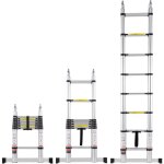Echelle telescopique aluminium, 5 m, escabeau extensible capacite 170 kg, avec barre stabilisatrice, ...