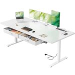 Ecofurnix - bureau �lectrique r�glable - 2 tiroirs amovibles - prise de courant int�gr�e - blanc - 180x80 ...