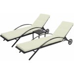 Ensemble de 2 chaises longues de jardin transat bain de soleil avec petite table en polyrotin noir coussins ...
