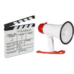Ensemble de 2 pi�ces pour tournage, m�gaphone de stade, clap de cin�ma blanc, cornet acoustique 10 watts, ...