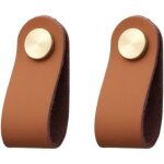 Ensemble de 2 poign�es de porte d'armoire en laiton et cuir marron de 65 mm de longueur avec vis pour ...