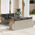 Ensemble 7 pi�ces salon de jardin en r�sine tress�e gris clair avec coussins, table r�glable et espace ...
