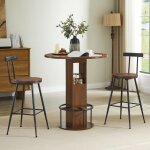 Ensemble bar 3 pi�ces table ronde 80 cm avec 2 tabourets, rangement int�gr�, bois noyer et m�tal