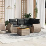 Ensemble de jardin 5 places gris r�sine tress�e, canap� d'angle avec coussins et table acacia, meuble ...