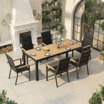 Ensemble de jardin 6 personnes aspect bois, 6 + 1 mobilier, 189cm table de jardin en aluminium et 6 chaises ...