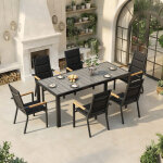 Ensemble de jardin 6 personnes aspect bois, 6 + 1 mobilier, 189cm table de jardin en aluminium et 6 chaises ...