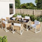 Ensemble de jardin 6 places en rotin, avec 2 tables verre ? 6 fauteuils confortables, housses amovibles ...