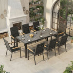 Ensemble de jardin 8 personnes aspect bois, 8 + 1 mobilier, 189cm table de jardin en aluminium et 8 chaises ...